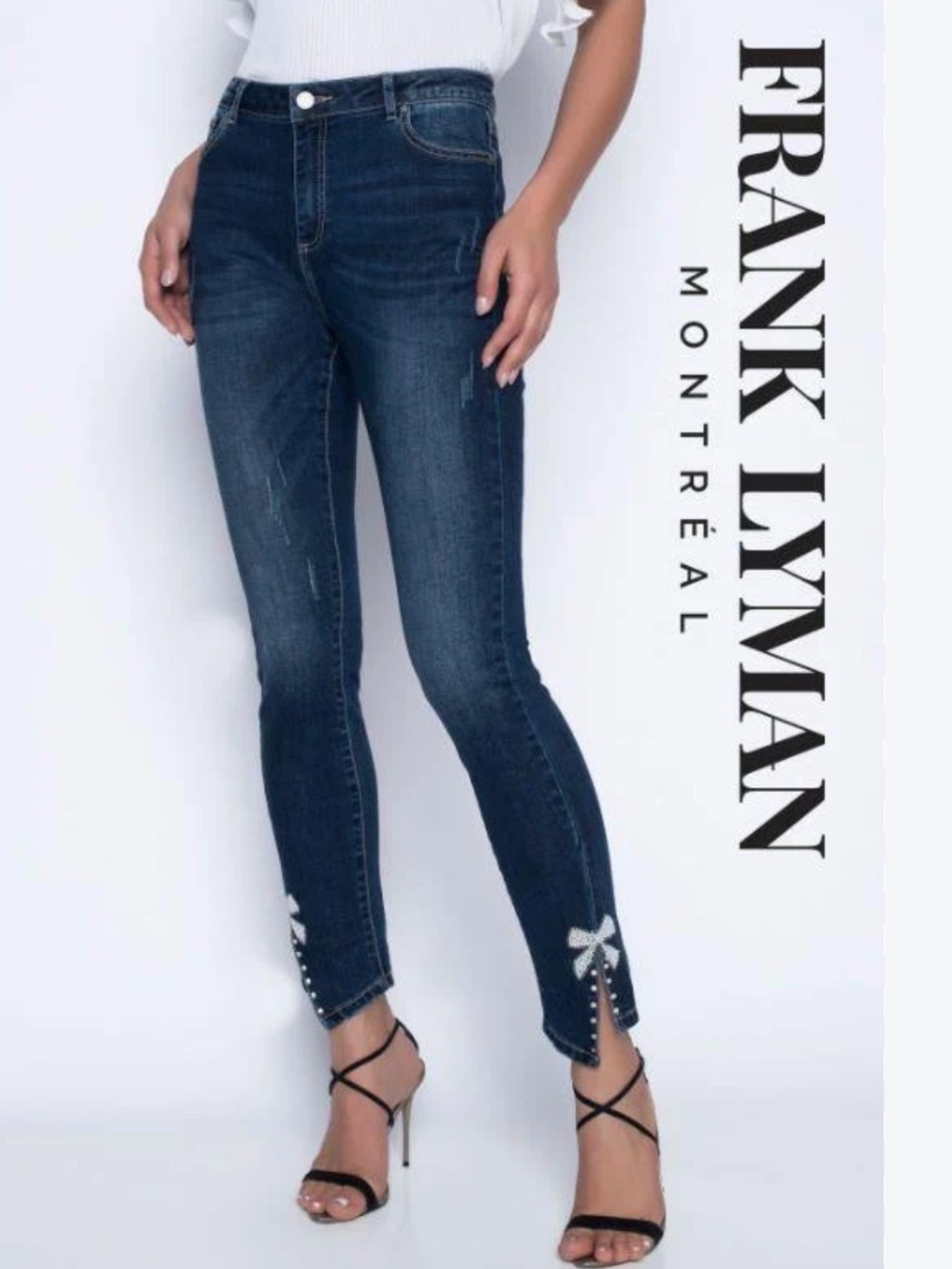 Frank Lyman Design Dark Blue Cropped Jeans with Rhinestone Hem Bows